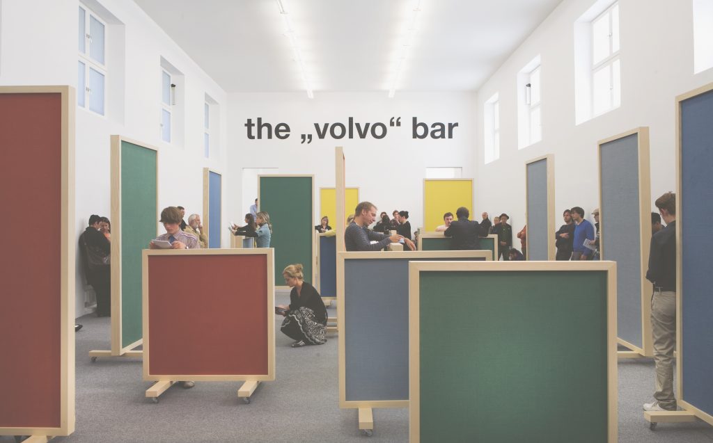 Liam Gillick, <i>Three Perspectives and a Short Scenario* Work</i> (1988–2008) Mirrored Image: A ‘Volvo’ bar, on view November 2008. Courtesy Kunstverein Munich